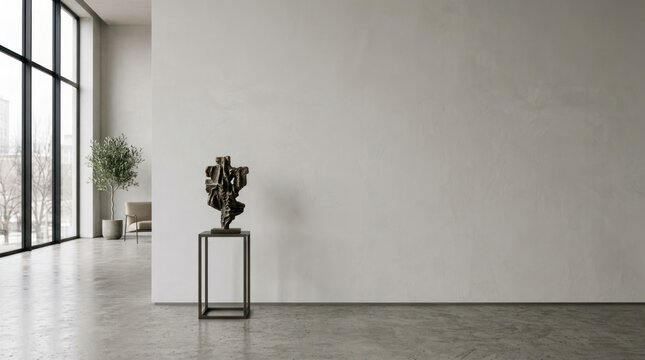 Modern sculpture in minimalist interior with large windows