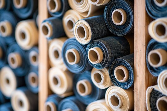 Close-up view of neatly stacked rolls of blue and beige denim fabric stored on wooden shelves in a textile warehouse.