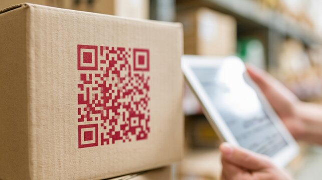 Close-up of a cardboard shipping box with a red qr code being scanned by hands holding a tablet in a warehouse