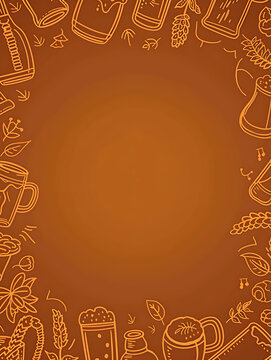 Retro warm brown Oktoberfest brewery icon line art border with huge central copy space for traditional pub menu covers and autumn festival packaging