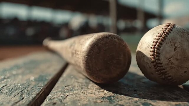 Close up of baseball and wooden bat on bench.
