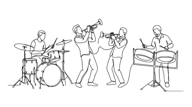 Continuous Line Art Jazz Band Playing Instruments Isolated