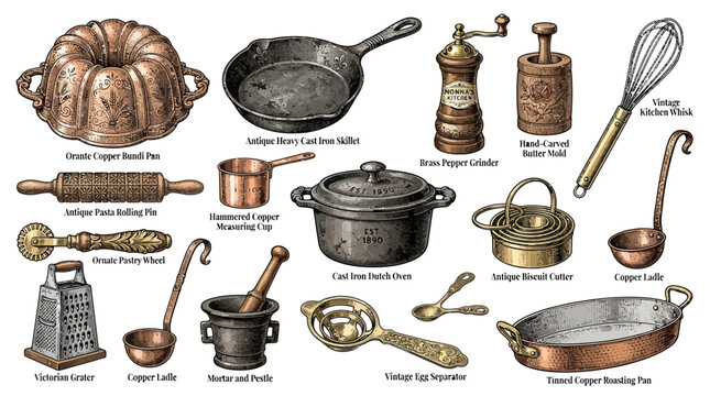Antique Copper Kitchen Utensils Collection. Vintage Cast Iron Skillet, Bundt Pan, Whisk, Grater. Rustic Metal Cooking Tools for Cookbooks and Design