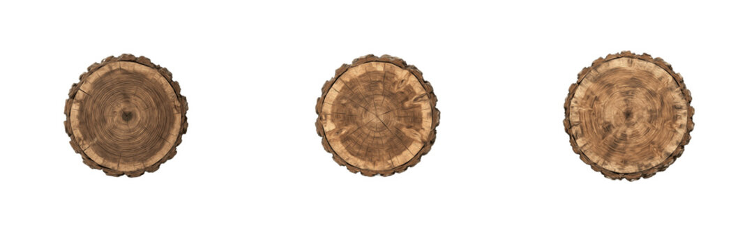 Round wood log slice or tree trunk cross section with annual rings isolated on white background stock PNG graphic asset