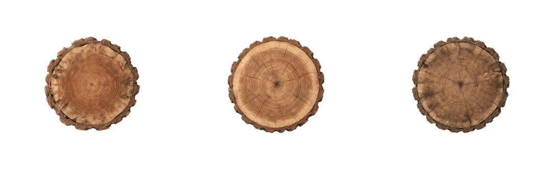 Round wood log slice or tree trunk cross section with annual rings isolated on white background stock PNG graphic asset