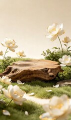 Fototapeta premium Text‑free new Chinese‑style poster backdrop, oriental aesthetic podium scene, flowers grass soft lighting, suitable for packaging display board PPT design