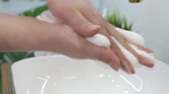 실내 세면대 앞에서 손에 풍성한 하얀색 거품을 묻히고 부드럽게 문지르며 씻는 모습