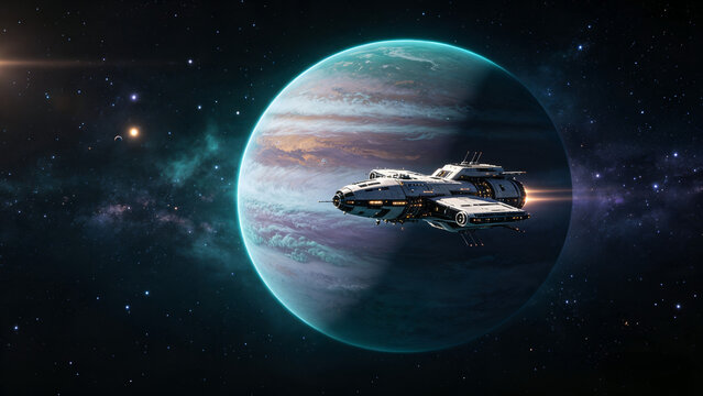 Futuristic spacecraft exploring a distant exoplanet in deep space