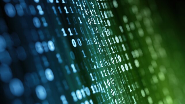 Abstract background of binary code digits in blue and green gradient representing digital data