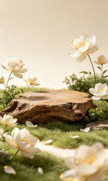 Text‑free new Chinese‑style poster backdrop, oriental aesthetic podium scene, flowers grass soft lighting, suitable for packaging display board PPT design