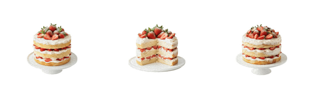 Delicious layered strawberry sponge cake with white cream frosting on a cake stand isolated on white background stock PNG graphic asset