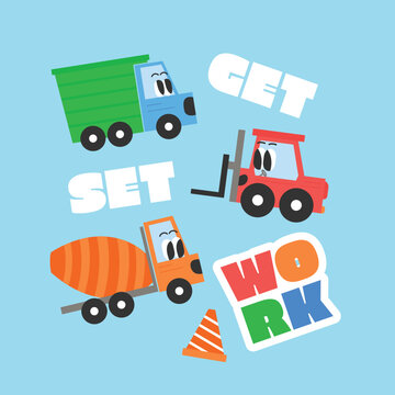 Construction vehicles illustration art kids print poster 