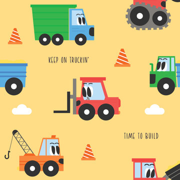 Seamless pattern with cute construction vehicles and excavator vector