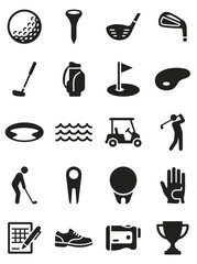 Fototapeta premium Monochromatic silhouette icons representing various golf equipment, accessories, and activities: golf ball, tee, club, bag, flag, putting green, hole, water hazard, cart, golfer, shoe, scorecard, and