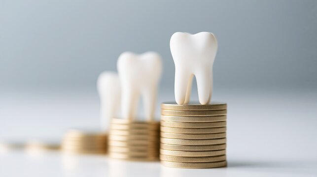 White tooth models perched atop ascending stacks of gold coins representing dental care costs and financial planning for oral health