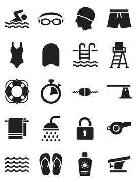 Black and White Swimming Sport Icons Set Featuring Swimmer, Goggles, Cap, Trunks, Swimsuit, Kickboard, Pool, Lifeguard Chair, Lifebuoy, Stopwatch, Lane Line, Diving Board, Towel, Shower, Locker,