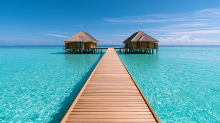 Fototapeta premium Minimal Tropical Resort Landscape with Wooden Boardwalk and Ocean Villas