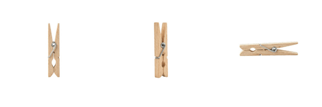 Wooden clothespin or clothespeg with metal spring isolated on white background stock PNG graphic asset
