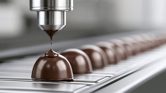 Automated chocolate filling machine dispenses liquid chocolate onto domed confectionery shells moving along a factory conveyor belt