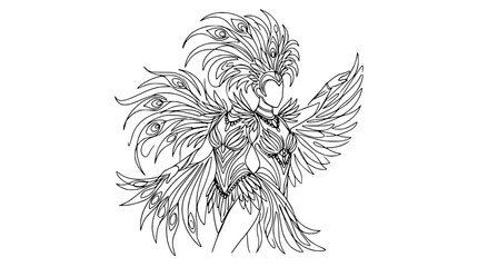 Obraz premium Fantasy Peacock Woman Costume Line Art Isolated