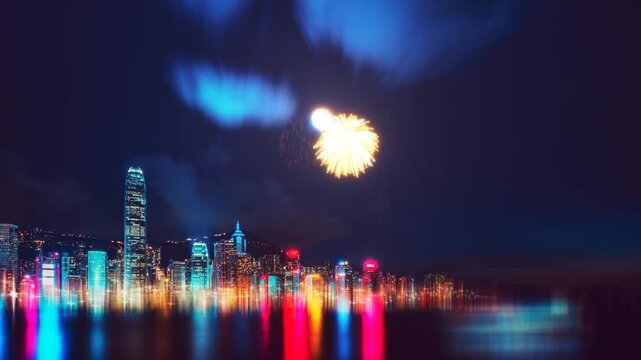 A captivating display of fireworks illuminating Hong Kong at night, featuring a vibrant heart-shaped firework as the focal point against a backdrop of modern high-rise buildings