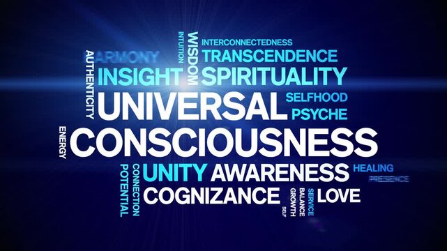 Universal Consciousness animated word cloud-text design animation tag kinetic typography seamless loop.