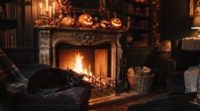 A cozy black cat sleeps in front of a warm fireplace adorned with carved jack-o'-lanterns and flickering candles in a dark, festive living room.