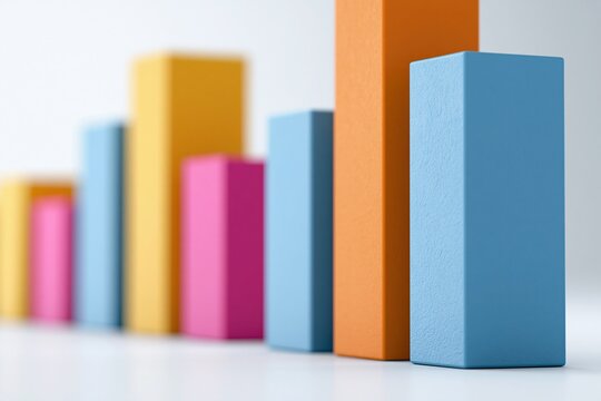 Colorful rectangular blocks arranged in a row on white surface representing growth and statistics