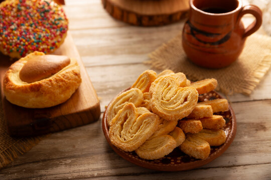 Palmier cookies, Mexican sweet bread, ojo de buey, orejitas made by hand, in Mexico it is called Pan Dulce and cannot be missing at breakfast or snack.