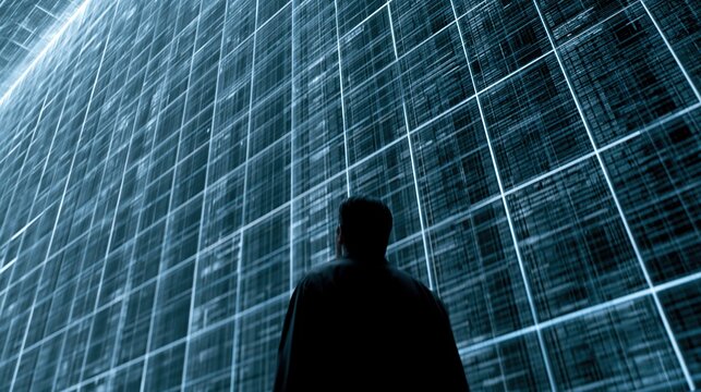 Silhouette of a person standing before a massive digital matrix of glowing blue code and data streams