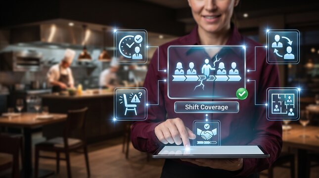  Shift Supervisor Hands Holding Laptop with Holographic Shift Coverage Metaphor for Restaurant Workforce Scheduling, Preventing Uncovered Shifts, and Reliable Staff Coverage in Dining Environment