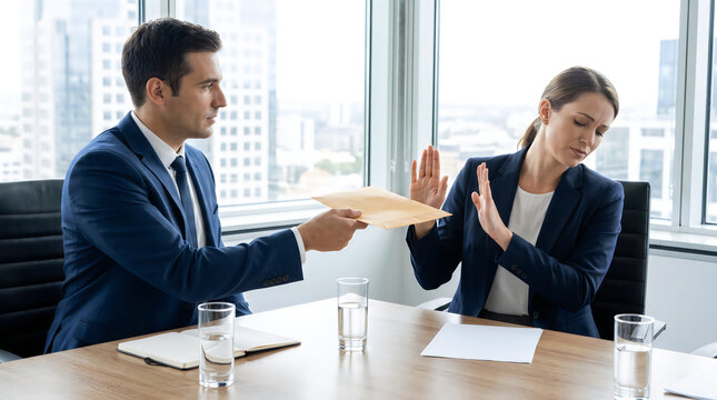 Business professionals rejecting bribe money during meeting in modern office