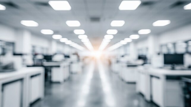 Blurred modern office interior with rows of desks and bright overhead lighting creating a professional atmosphere