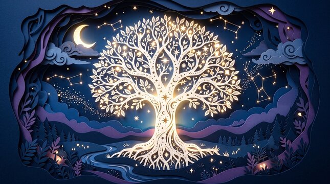Paper cut glowing tree of life with roots branches crescent moon constellation and star in night forest landscape papercraft art
