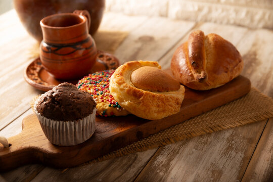 Mexican sweet bread, ojo de buey, galleta chochitos, chocolate muffin, made by hand, in Mexico it is called Pan Dulce and cannot be missing at breakfast or snack.