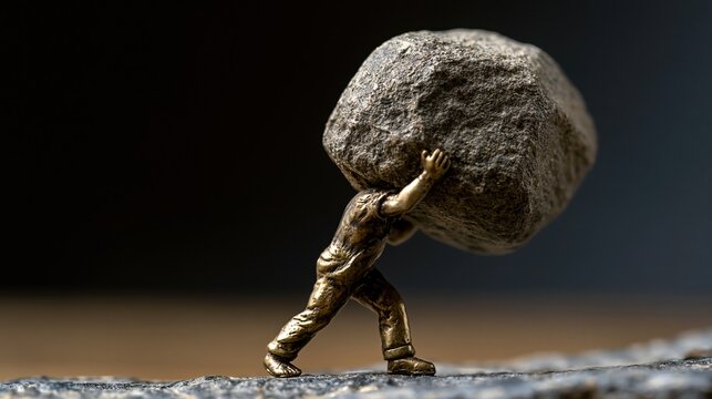 Small golden figurine struggling to push a massive grey boulder uphill on rough textured ground against dark background