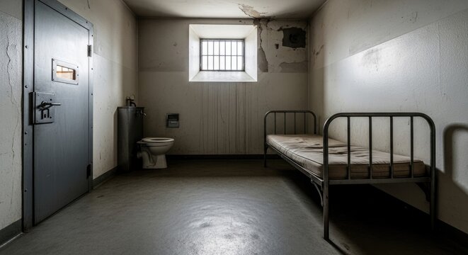 A stark, dimly lit prison cell is presented. A metal bed sits against a gray wall, with a toilet and sink nearby.
