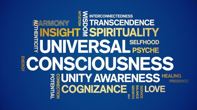 Universal Consciousness animated word cloud-text design animation tag kinetic typography seamless loop.