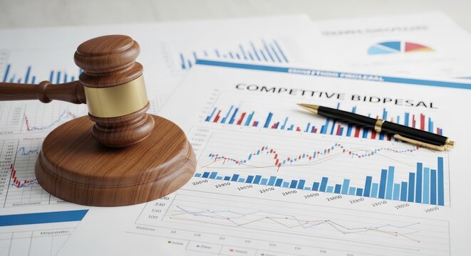A wooden gavel rests on a document displaying a competitive bidding analysis chart. A black pen and a graph are also present on the document.