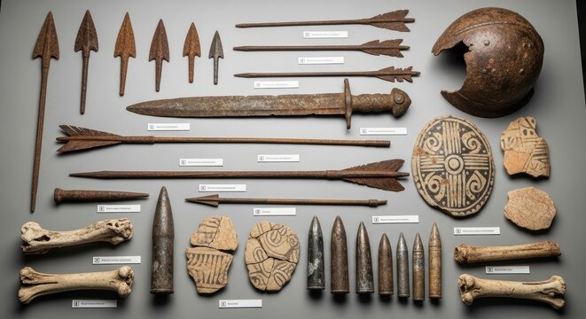 A museum display showcases a collection of ancient Viking artifacts arranged on a gray surface.
