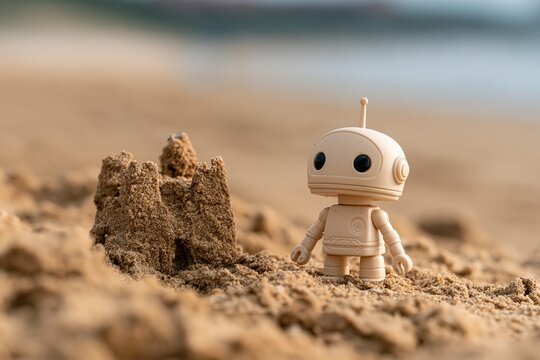 Small beige toy robot standing next to a sandcastle on a sandy beach with blurred ocean background