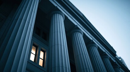 Fototapeta premium Low angle view of classical government building columns against twilight sky with illuminated windows