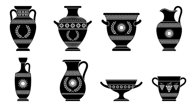 Set of black silhouette ancient greek vases and amphorae with traditional decorative patterns and floral motifs