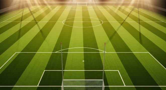 Bright stadium lights illuminate a green soccer field. The field features white lines marking the playing area and goalposts.