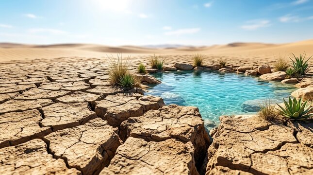 A cracked desert landscape features a vibrant, turquoise pool of water nestled within a network of deep fissures.