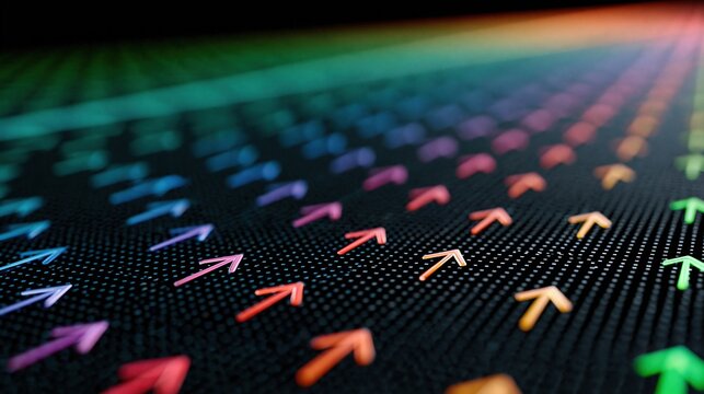 Colorful arrows pointing upward on a dark textured surface with rainbow gradient background