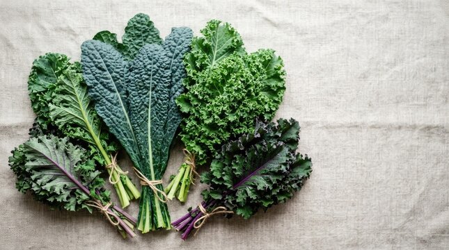 A collection of fresh kale leaves rests on a textured linen cloth. The kale displays a variety of colors, including dark green, lighter green, and purple hues.