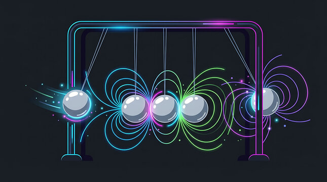 Newton's Cradle physics experiment showcasing energy transfer and motion with glowing neon lines