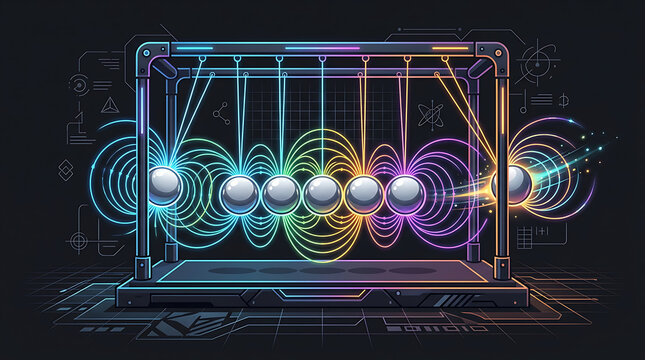 Newton's Cradle in a Magnetic Field with Glowing Rainbow Energy Lines