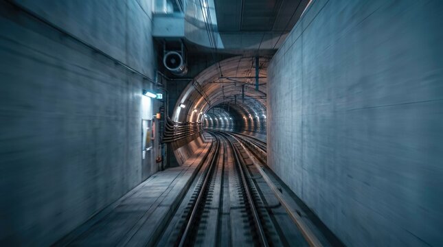 A person is moving quickly through a long, dark tunnel. The tunnel walls are made of concrete and feature tracks for a train or subway.